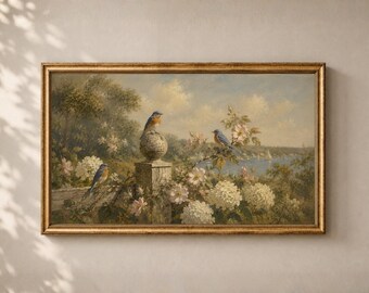 Vintage Birds Frame TV Art: Bluebirds Spring Floral Summer Botanical Decor Digital Download