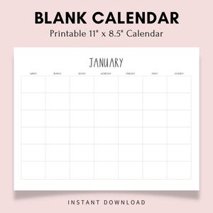 Monthly Blank Calendar Simple Calendar 11 x 8.5 inches Horizontal Minimalist Printable Calendar Pages PDF Printable Instant Download