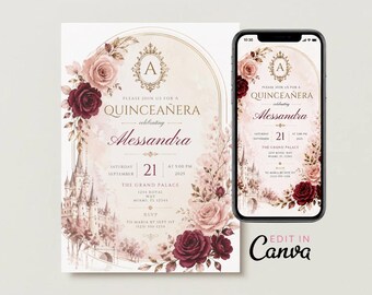 Quinceañera Invitation Template Editable Canva Princess Castle Floral Quince Invite Burgundy Blush Gold Sweet 15 Invitation Digital Download