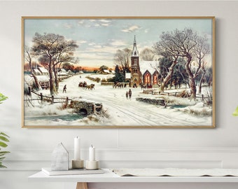 Samsung Frame TV Art Vintage Winter Snow Trees Samsung Christmas Wall Art Sleigh Ride Holiday Home Decor Instant Download