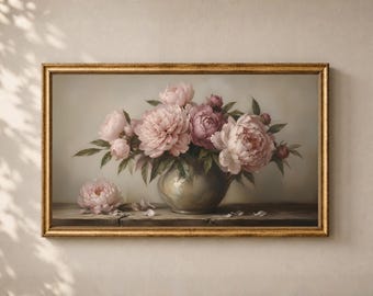 Vintage Floral Frame TV Art: Pink Peonies Spring Botanical Summer Decor Digital Download