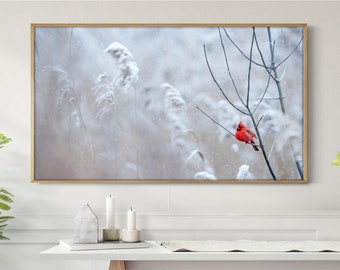 Frame TV Art Snowy Red Cardinal Bird Samsung Christmas Winter Wall Art Holiday Home Decor Instant Download