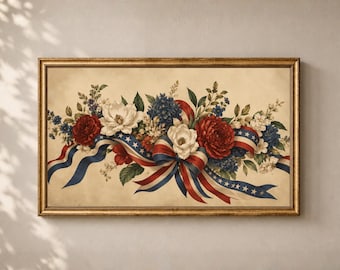 4th of July Vintage Floral Frame TV Art: Independence Day Summer Fourth Decor Digital Download