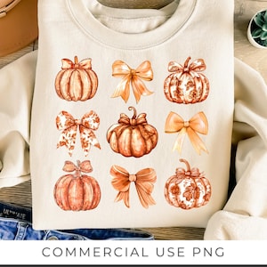 Pompoenen en strikken PNG schattig herfst coquette preppy college meisje herfst shirt Cottagecore rustieke boerderij instant digitale download grafisch ontwerp