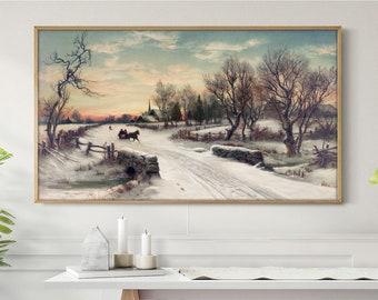 Frame TV Art Vintage Christmas Winter Snow Trees Samsung Christmas Sleigh Ride Wall Art Holiday Home Decor Instant Download