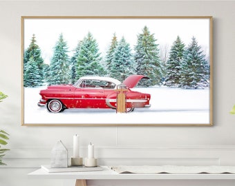 Holiday Frame TV Art Vintage Red Car Snow Christmas Tree Winter Christmas Frame TV Art Samsung Frame TV Sled Toboggan Home Decor