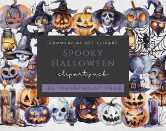 Spooky Halloween Watercolor Clipart: Pumpkin, Skull, Bats (32 PNG)