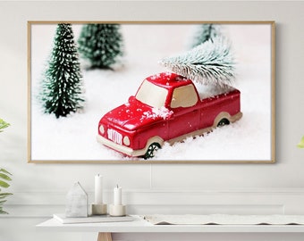 Frame TV Art Holiday Vintage Red Truck Christmas Tree Frame TV Art Samsung Frame Frame TV Art Winter Christmas Home Decor Instant Download