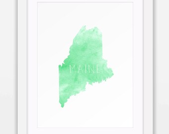 Maine Art, State Art, Maine Map, State Print, State Map, Watercolor Print, Watercolor Art, Printable Art, Green