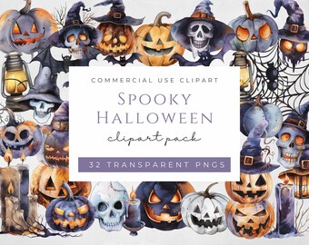 Watercolor Halloween Clipart: Spooky Pumpkins, Bats, Skulls (32 PNG)