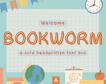 Handwritten Font Duo Hand Drawn Planner Font Bookworm Playful Child Kids Elementary School Font for Stickers PC Canva Pro Procreate