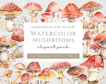 Mushroom Clipart PNG 16 Watercolor Magical Enchanted Forest Fairy House Kids Woodland Fantasy Toadstool Art Cute Graphics Instant Download