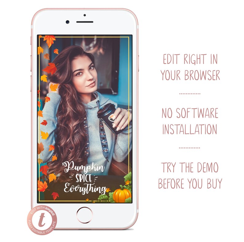 Fall Geofilter Pumpkin Spice and Leaves Snapchat Filter Rustic Foliage Frame Cute Cozy Editable Coffee Geotag