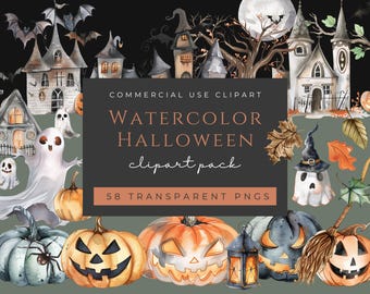Halloween Clipart Watercolor 58 PNG Haunted House Ghost Pumpkin Cute Graphic Spooky Clip Art Digital Download for Invitation Scrapbook Print