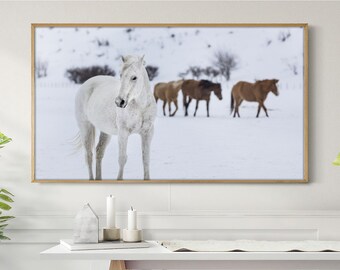 Frame TV Art Horse Winter Snow Trees Samsung Christmas Wall Art Holiday Home Decor Instant Download