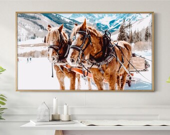 Samsung Frame TV Art Horse Clydesdale Winter Snow Trees Samsung Christmas Wall Art Holiday Home Decor Instant Download