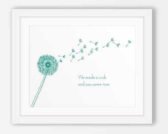 Dandelion Wish Printable Nursery Wall Art Child or Baby Print Printable Art Teal Pink Blue We made a wish and you came true