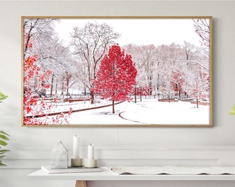 Frame TV Art Snowy Red Trees Samsung Christmas Winter Wall Art Holiday Home Decor Instant Download