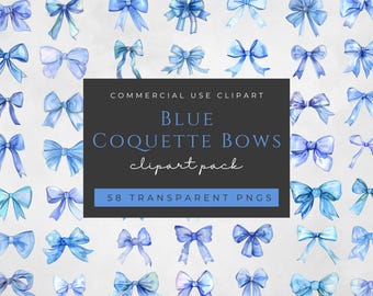 Blue Coquette Bows Clipart PNG 58 Watercolor Aesthetic Preppy Ribbon Digital Download Cute Bow Illustration for Crafting Scrapbooking Art