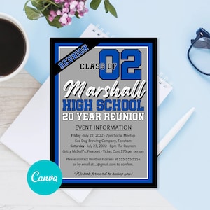 10 20 30 Year Class Reunion Any Year or Color Editable Canva Invitation Custom Printable Template High School College Invite 5x7 image 1