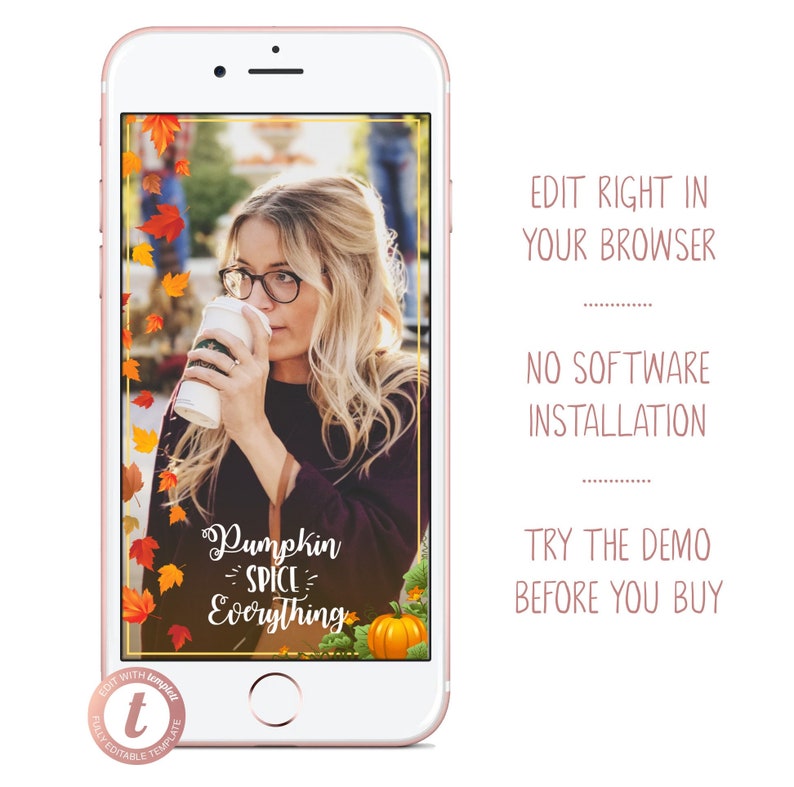 Fall Geofilter Pumpkin Spice and Leaves Snapchat Filter Rustic Foliage Frame Cute Cozy Editable Coffee Geotag