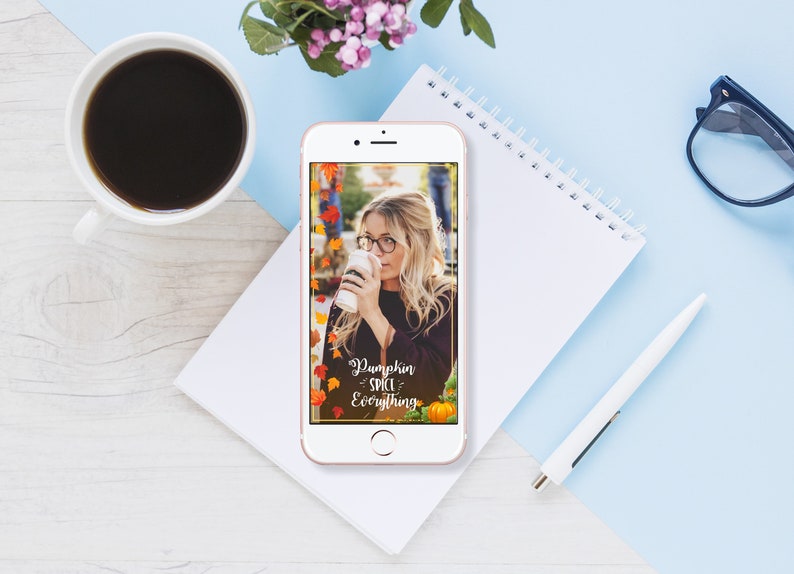 Fall Geofilter Pumpkin Spice and Leaves Snapchat Filter Rustic Foliage Frame Cute Cozy Editable Coffee Geotag