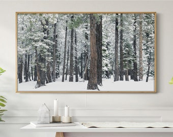 Frame TV Art Winter Forest Snowfall Samsung Christmas Wall Art Holiday Trees Home Decor Instant Download