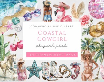 Puede incluir: Paquete de imágenes prediseñadas de acuarela con temática de vaquera costera. Incluye ilustraciones de un flamenco, botas de vaquero, sombreros, escenas de playa y el texto "Coastal Cowgirl clipart pack". 84 PNG transparentes.