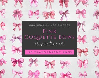 Pink Coquette Bows Clipart: 58 Watercolor Ribbon PNGs (Digital Download)