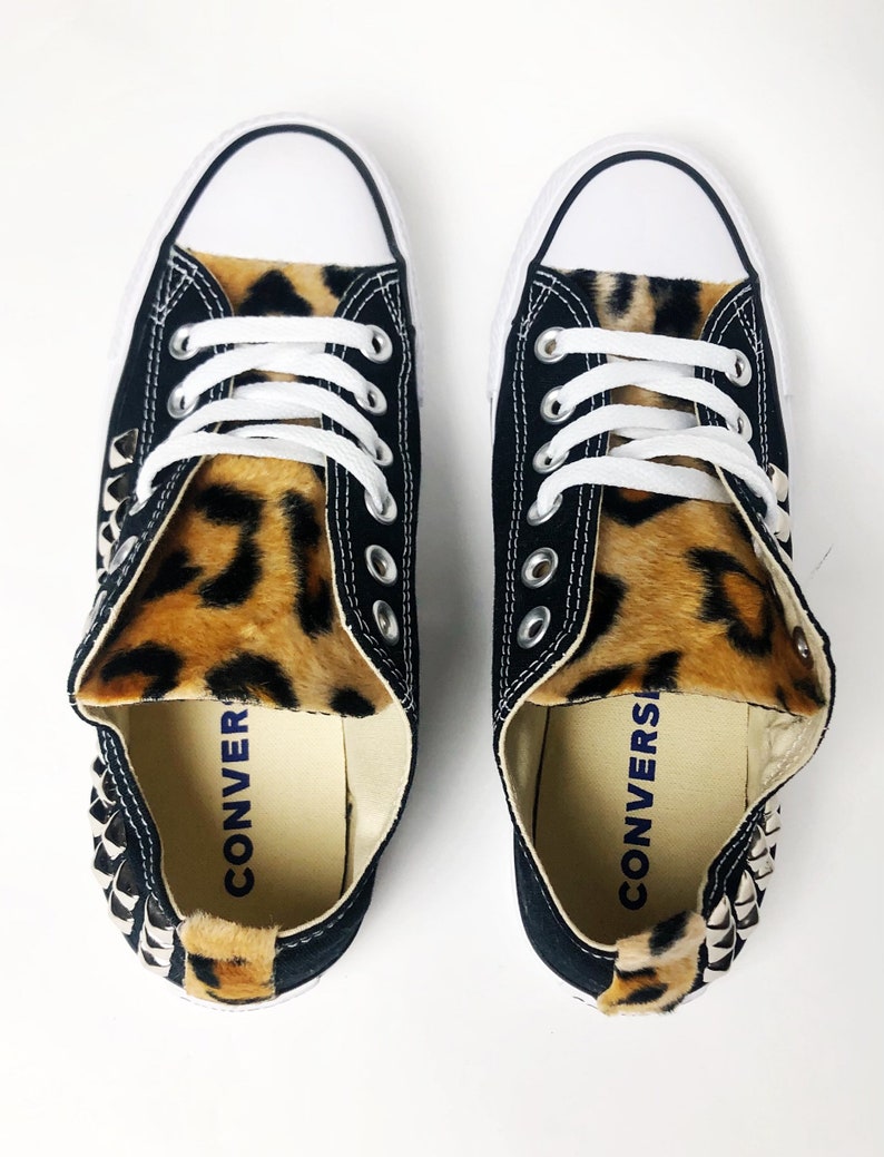 Custom studded Converse Chuck Taylors with faux leopard fur | Etsy