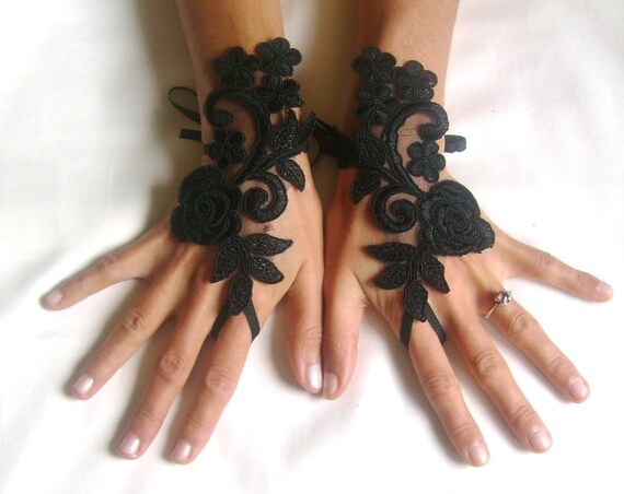 Rose goth gothic lace black Wedding gloves bridal gloves fingerless gloves Halloween costume french lace vampire