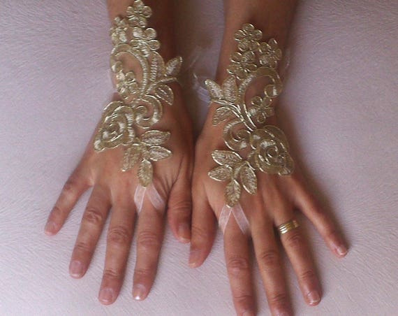 Gold Wedding gloves bridal gloves fingerless lace bohemian accessories gloves french lace burlesque gloves gauntlets guantes