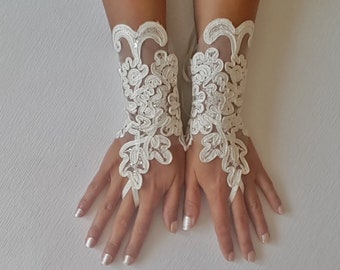 Gants sans doigts en dentelle ivoire en tissu de dentelle