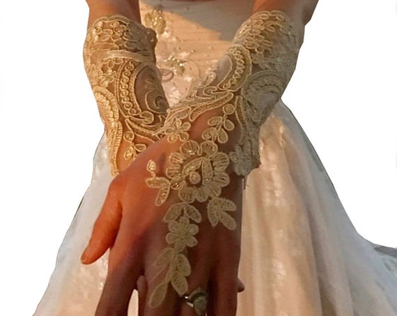 Long black, long ivory, long champagne gold, Wedding gloves, bridal fingerless glove, lace arm warmers, cuffs lace, gauntlets lace
