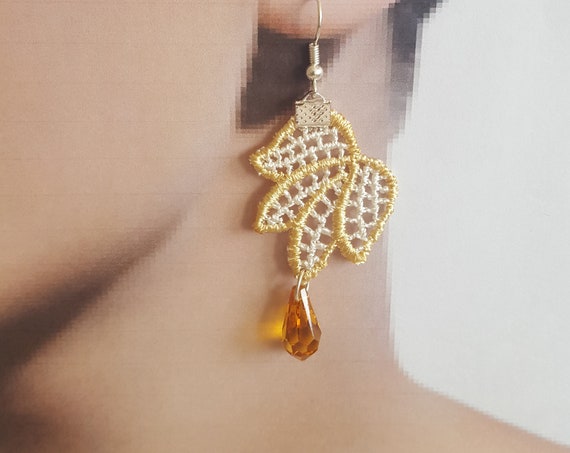 ivory Caramel lace earrings, lace jewelry, leaf earrings, zircon stone, boho earrings, gift for her, daily jewelry, leaf earrings