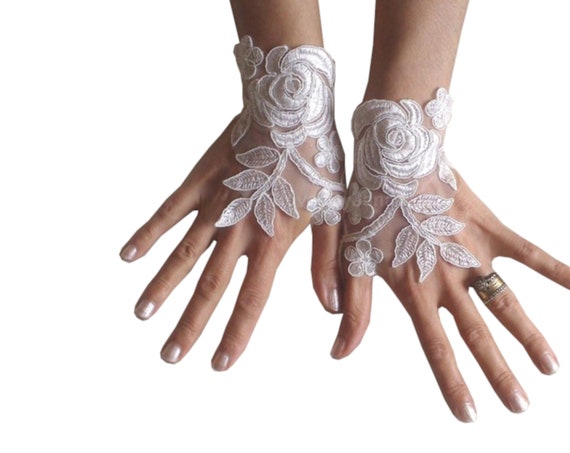 Ivory, or white, Wedding gloves, bridal gloves, lace gloves, fingerless gloves, ivory gloves, french lace gloves, bridal cuffs, gauntlets,