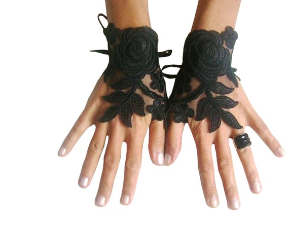 Black Wedding gloves, happiness rose, bridal gloves, fingerless lace gloves, Unique design, french lace gloves, gothic wedding, black