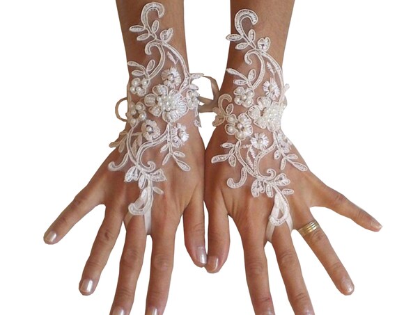 Lace gloves beaded pearls white or ivory lilac bridal gloves lace gloves fingerless gloves french lace gloves lavender