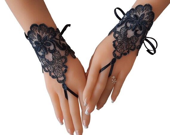 Smoked gray lace gloves bridal gloves fingerless gloves french lace bridesmaid gift tea party gift for womens Gothic lace very dark grey