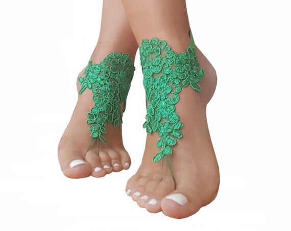 Christmas party, beach wedding, lace barefoot sandals, bridal barefoot sandals, pine green, green lace shoe, beach shoes, bridesmaid gift