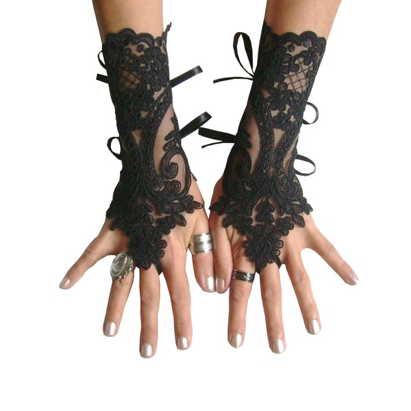 Gants en dentelle noire ou ivoire dentelle française dentelle de mariée mariage gants gothiques sans doigts noir camarilla burlesque vampire gant guantes 250