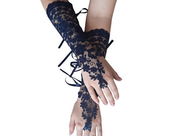 Navy Blue Embroidered Lace Evening Gloves bridal gloves bridesmaid gift wedding gloves navi blue beach  wedding style