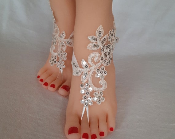 Beach wedding, ivory or white, barefoot sandals, beach shoe, bridal shoes, lace barefoot sandals, wedding, prom, party, lace anklet, sequin