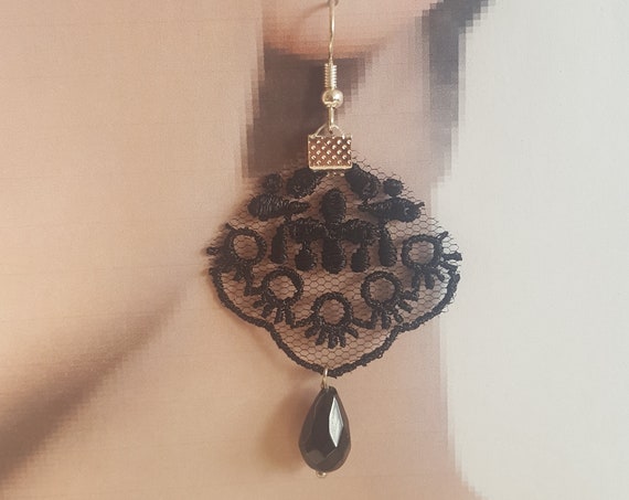 gothic black earrings, jewelry, lace earrings, lace jewelry, lace jewelry handmade, costume jewelry, gothic earrings, halloween gift costume