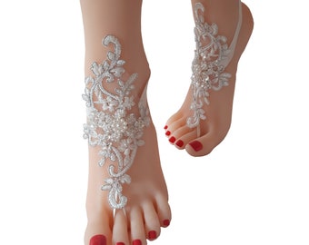 Bride barefoot sandals ivory silver  beaded embroidered lace bridal shoes wedding barefoot beach shoes party wedding