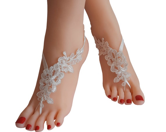 ivory beach wedding barefoot sandals, beach wedding, bridal barefeet sandals, lace anklet, beach lace shoe, beach bridal shoe, beach