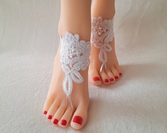 White Beaded Lace Barefoot Sandals: Beach Wedding Bridal Foot Jewelry