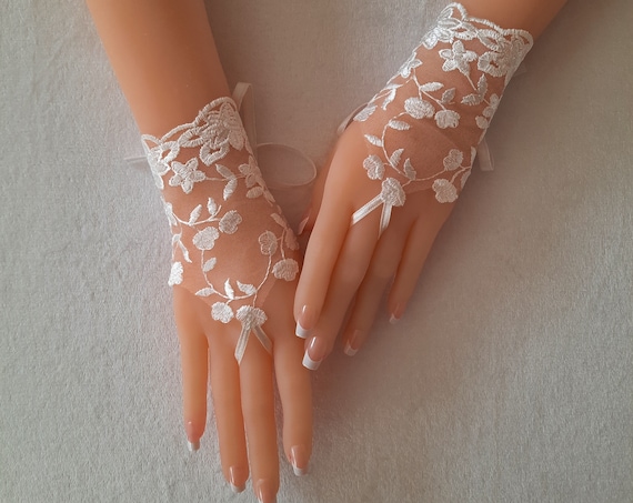 Gray or ivory lace fingerless gloves for wedding or party or celebration