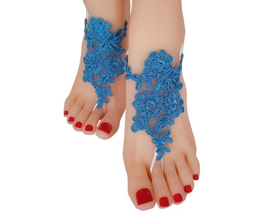 Blue barefoot sandals, lace anklet, something blue, wedding shoes, beach wedding, beach shoes, bridesmaid gift, cobalt blue, bride bangle