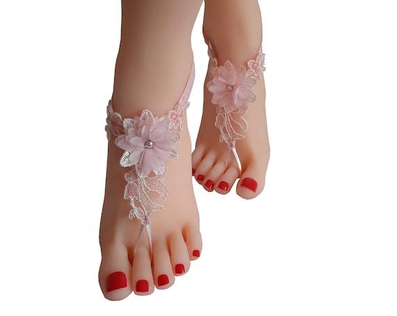 crystalline shining blush pinkish ivory lace barefoot, anklet, Beach wedding barefoot sandals, bangle, wedding anklet, anklet, bridal,
